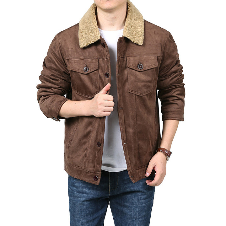Herren Velourslederoptik Hemdjacke im Trucker‑Stil mit Teddykragen & Pattentaschen Drune