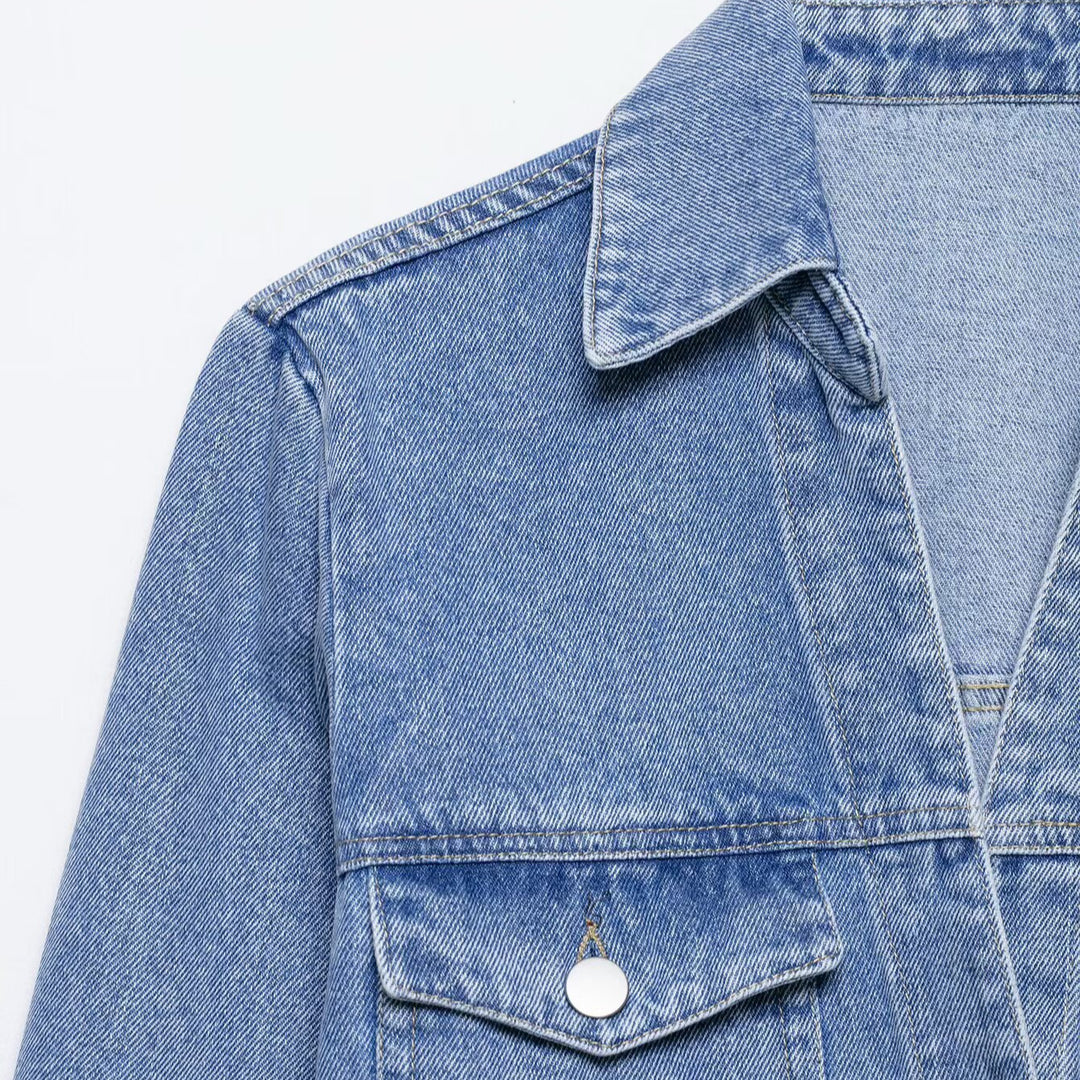 Damen Jeanskleid mit Hemdblusenkragen Taillengürtel und aufgesetzten Taschen Drune