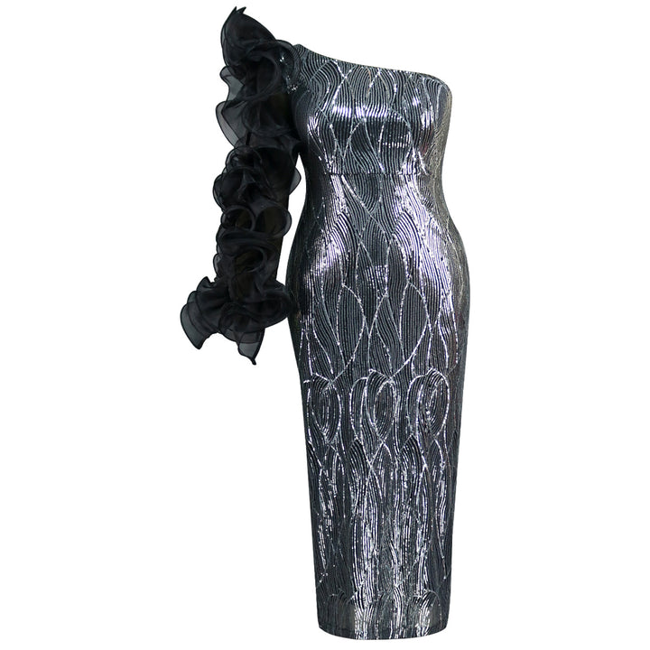 Damen Glamouröses Abendkleid mit schulterfreiem Design und voluminösen Rüschenärmel Drune