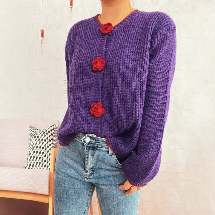 Damen Strickjacke mit floralen Knopfdetails und lässigem Schnitt Drune