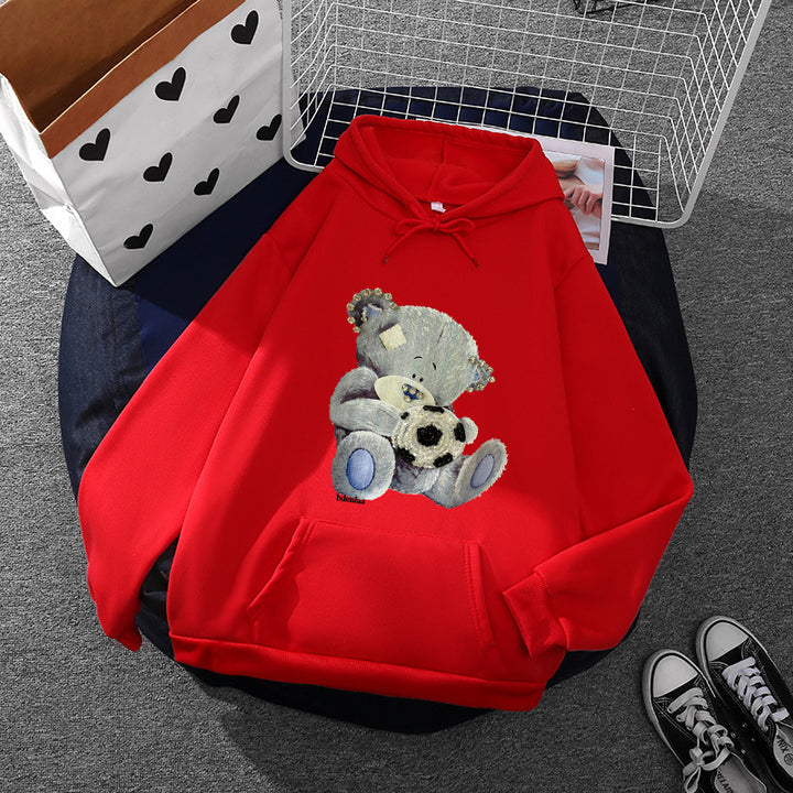 Damen nan kuscheliger Kapuzenpullover mit Teddy-Applikation, weichem Fleece-Futter und Kängurutasche Drune