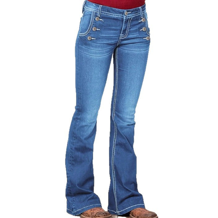 Damen Taillenhohe Denim‑Flare‑Jeans mit seitlicher Zierknopfleiste und sculptendem Sitz Drune