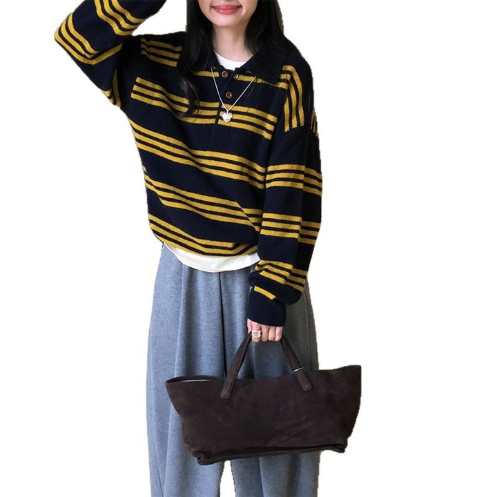 Damen Gemütlicher Strickpullover mit hochwertigen Knöpfen und modischem Streifenmuster Drune