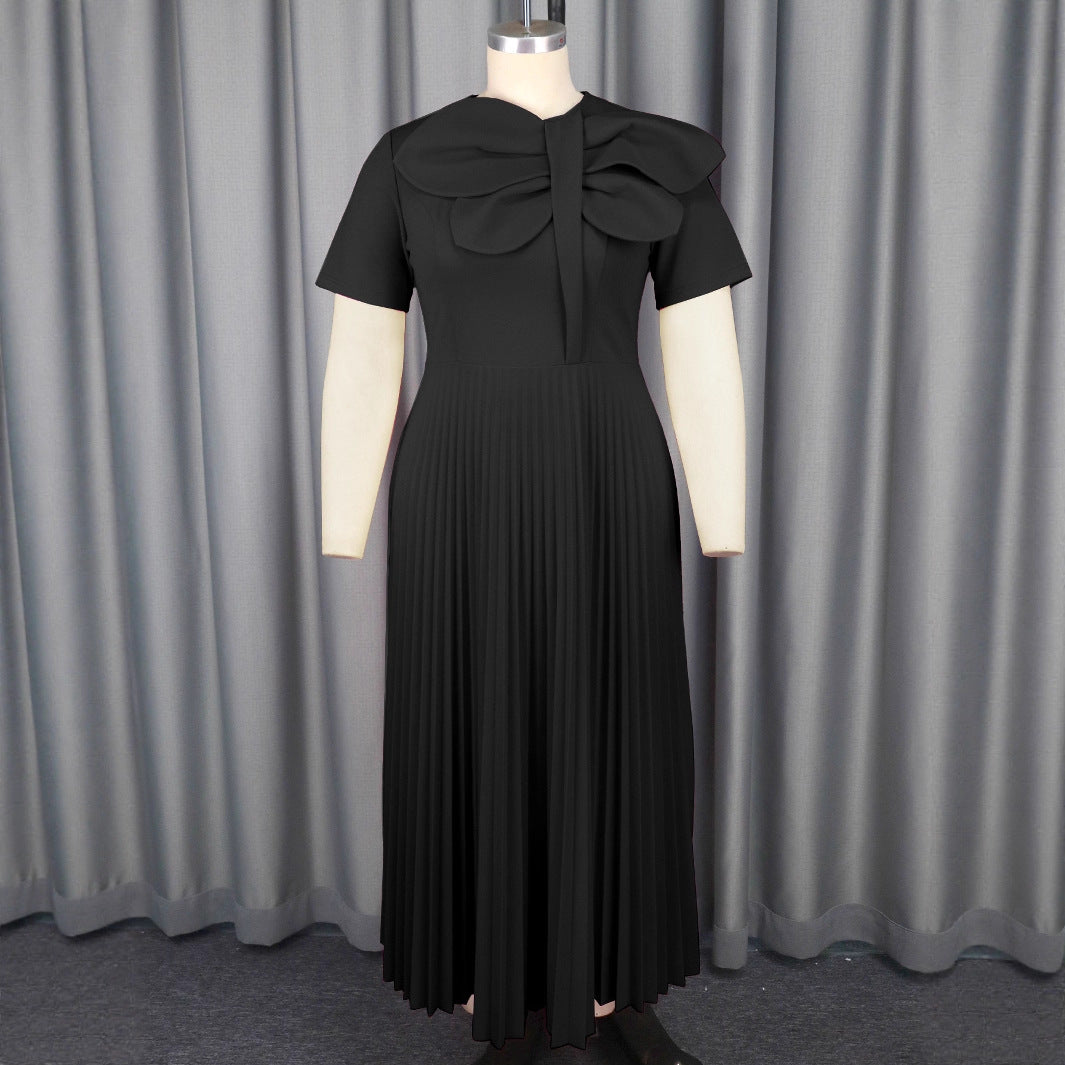 Damen plissiertes Maxikleid mit voluminösem Schleifenkragen Drune