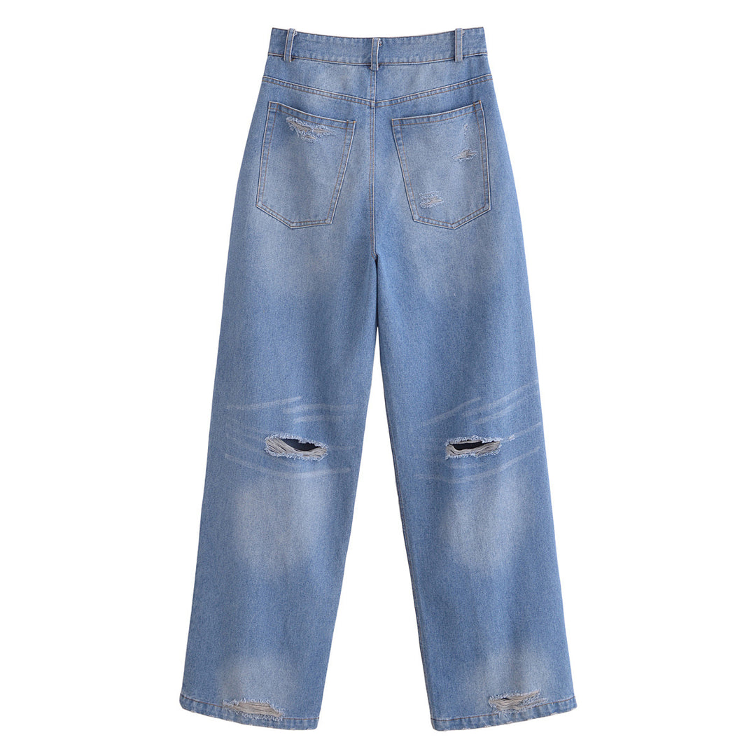 Damen High-Waist-Jeanshose mit weitem Bein, geradem Saum und dezenter Used‑Optik Drune
