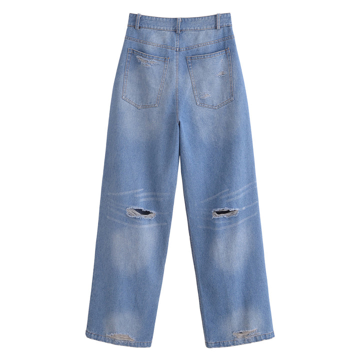 Damen High-Waist-Jeanshose mit weitem Bein, geradem Saum und dezenter Used‑Optik Drune