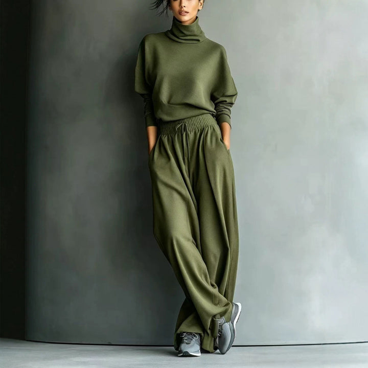 Damen Strick-Loungewear-Set mit Rollkragen und weiten Palazzo-Hosen Drune