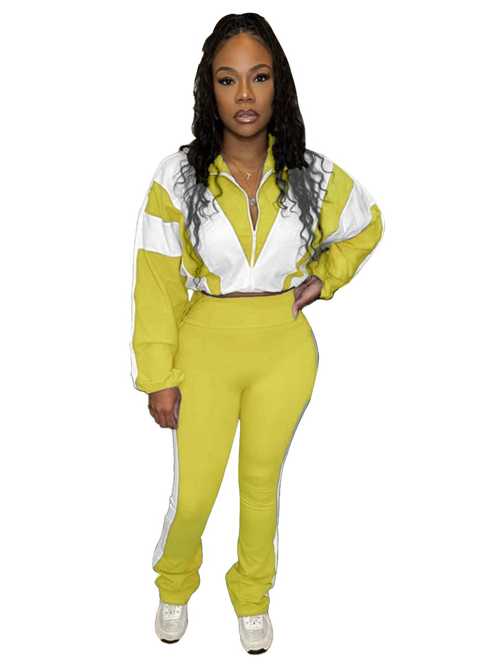 Damen retro Nylon-Trainingsanzug mit Kapuzen-Zipjacke und weiter hochgeschnittener Hose Drune
