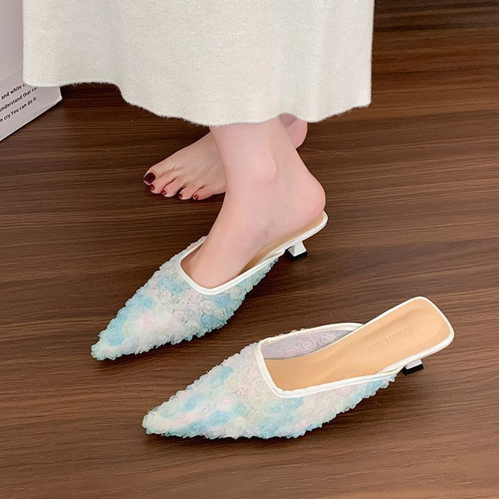 Damen Spitz zulaufende Mesh‑Mules mit dreidimensionalen Blumenapplikationen und gepolstertem Komfortfußbett Drune