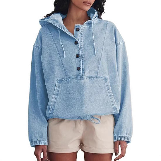 Damen Denim-Hoodie mit halber Knopfleiste, Kängurutasche und Tunnelzugsaum Drune