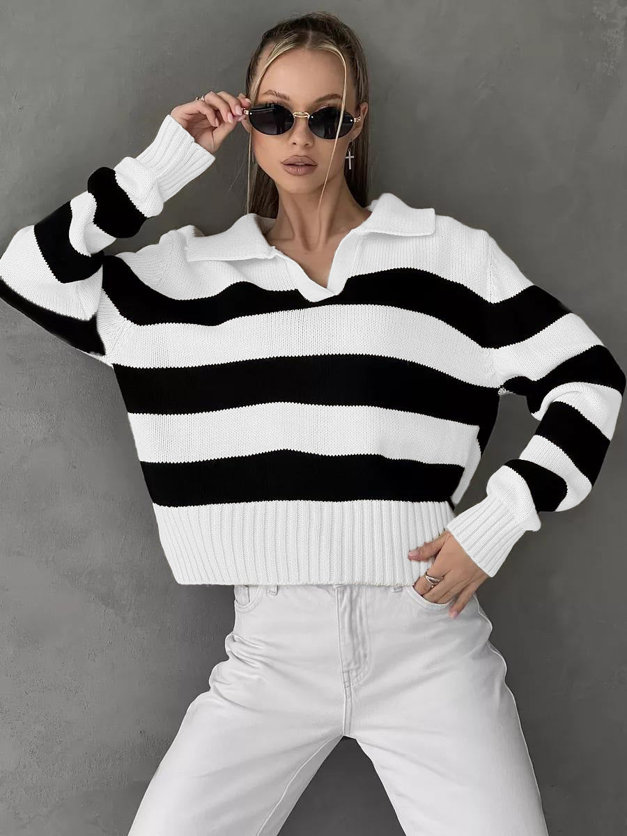 Damen sportlicher Pullover mit Streifenmuster und Kragen Drune