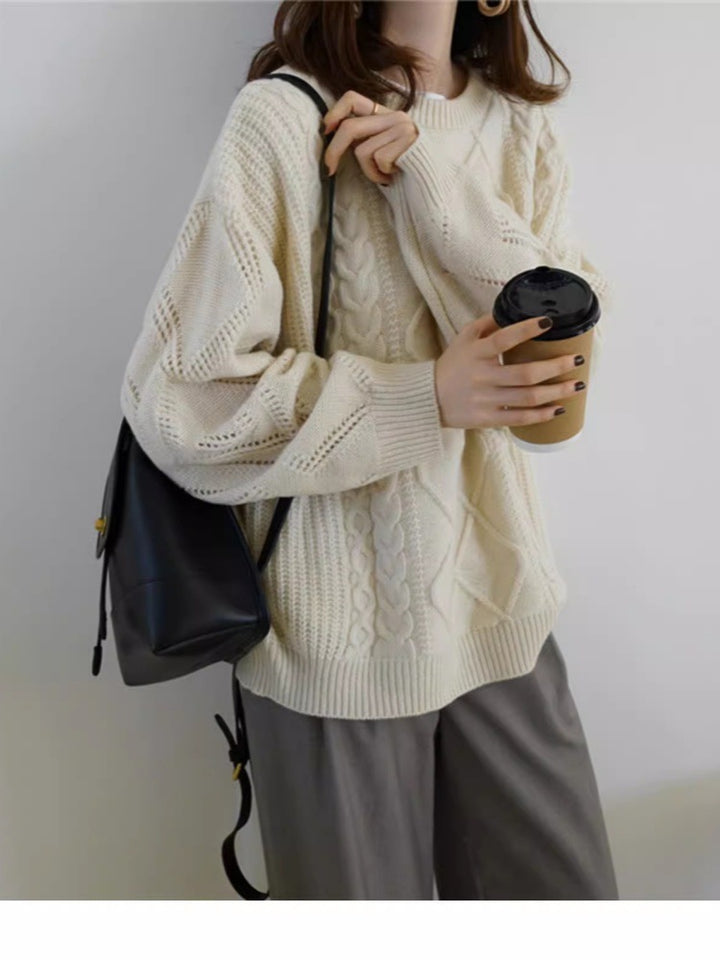 Damen Oversize Zopfmuster-Strickpullover mit Ajour‑Details und geripptem Saum Drune