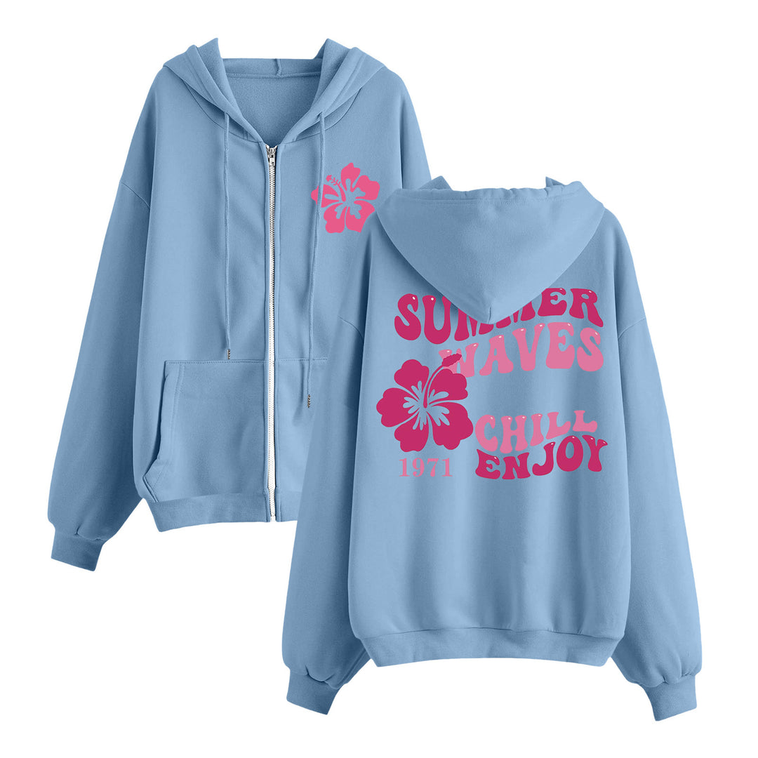 Damen nan entspannter Zip-Hoodie mit tropischem Hibiskus-Print, Kängurutaschen und gerippten Bündchen Drune