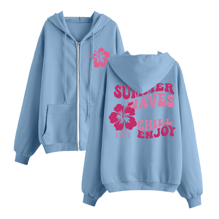 Damen nan entspannter Zip-Hoodie mit tropischem Hibiskus-Print, Kängurutaschen und gerippten Bündchen Drune