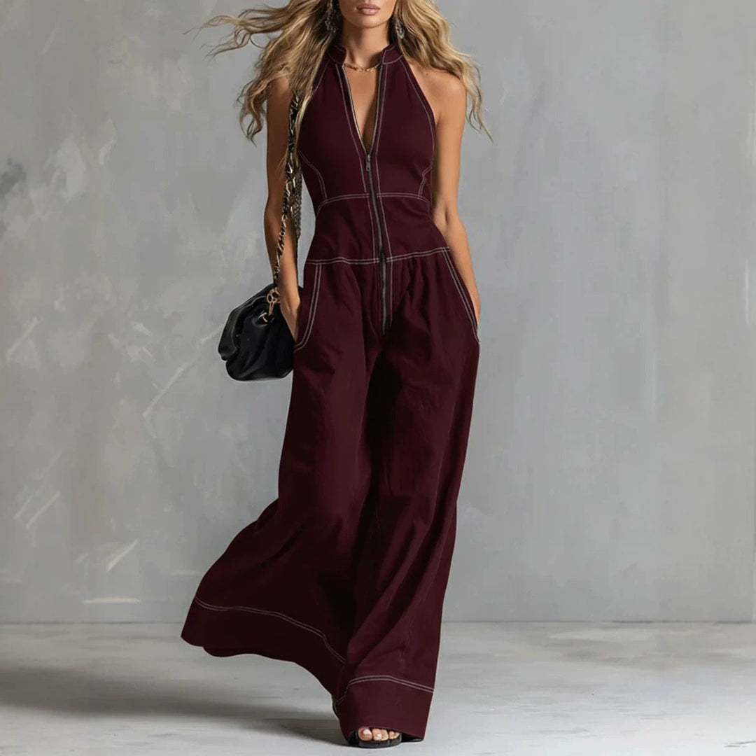 Damen Ärmelloser Halter-Jumpsuit mit Reißverschluss, weitem Bein und Eingrifftaschen Drune