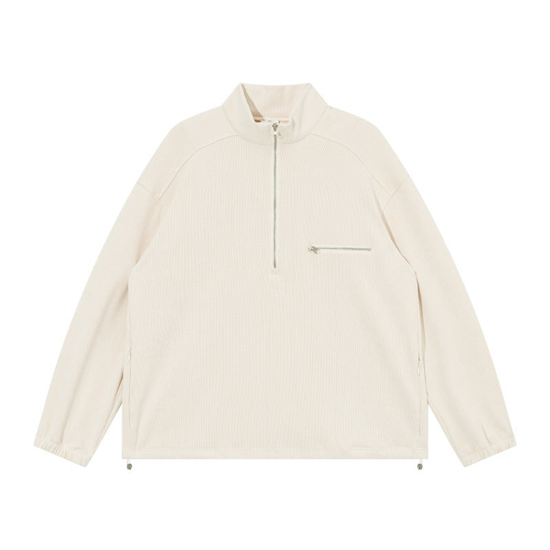 Unisex Oversize Halbzip-Pullover aus Cord‑Mix mit Brust-Reißverschlusstasche und Kordelzugsaum Drune