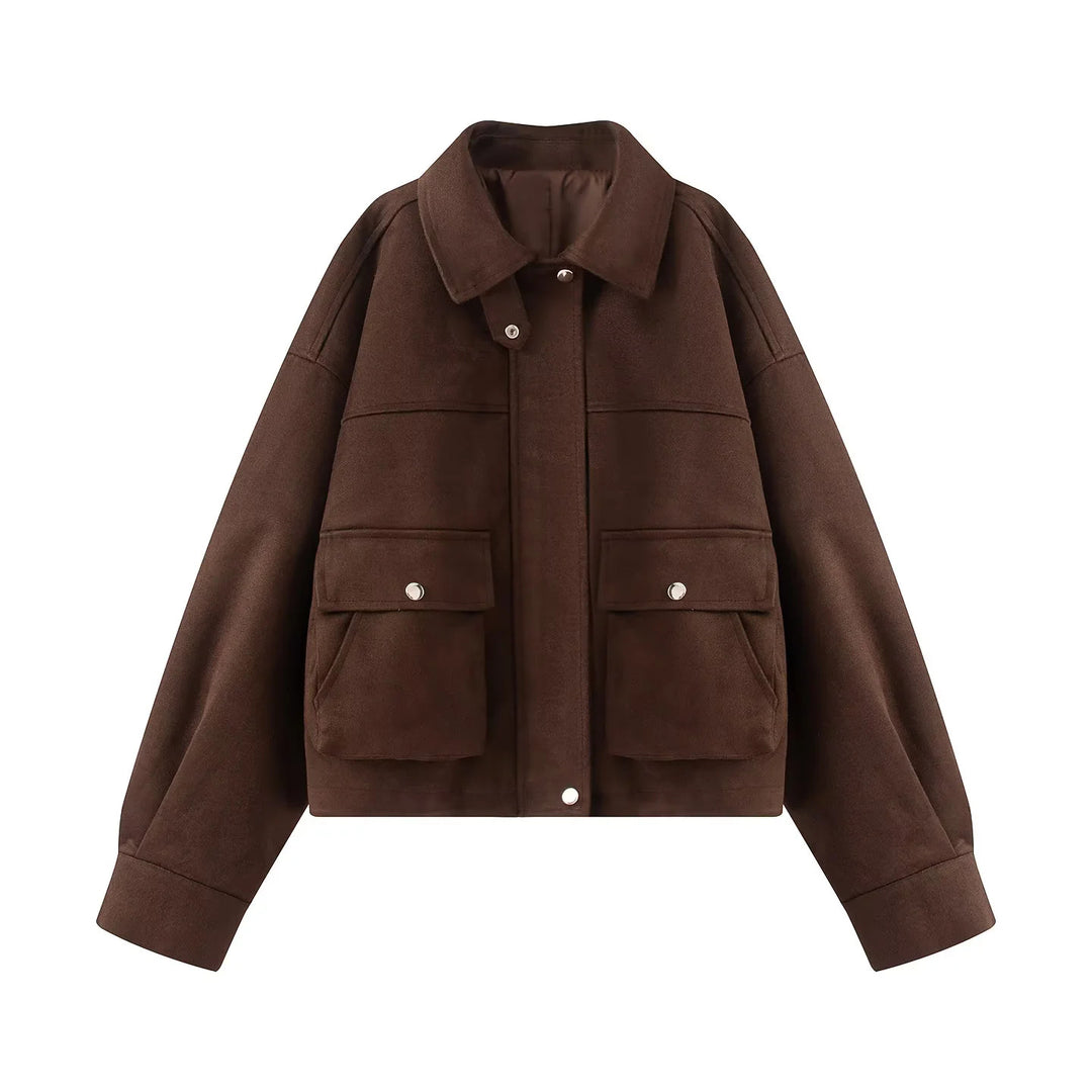 Damen nan boxy kurze Utility-Jacke mit großen Pattentaschen, Druckknopfleiste und überschnittener Schulter Drune
