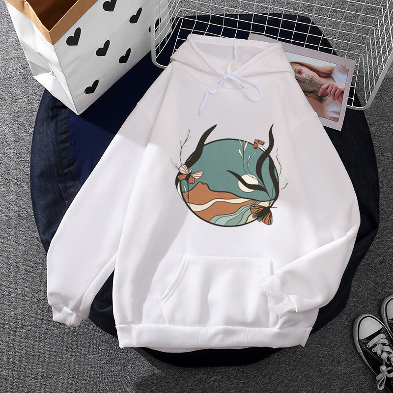 Damen nan lässiger Kapuzenpullover mit künstlerischem Mond‑und‑Pilzmotiv, weichem Fleecefutter und Kängurutasche Drune