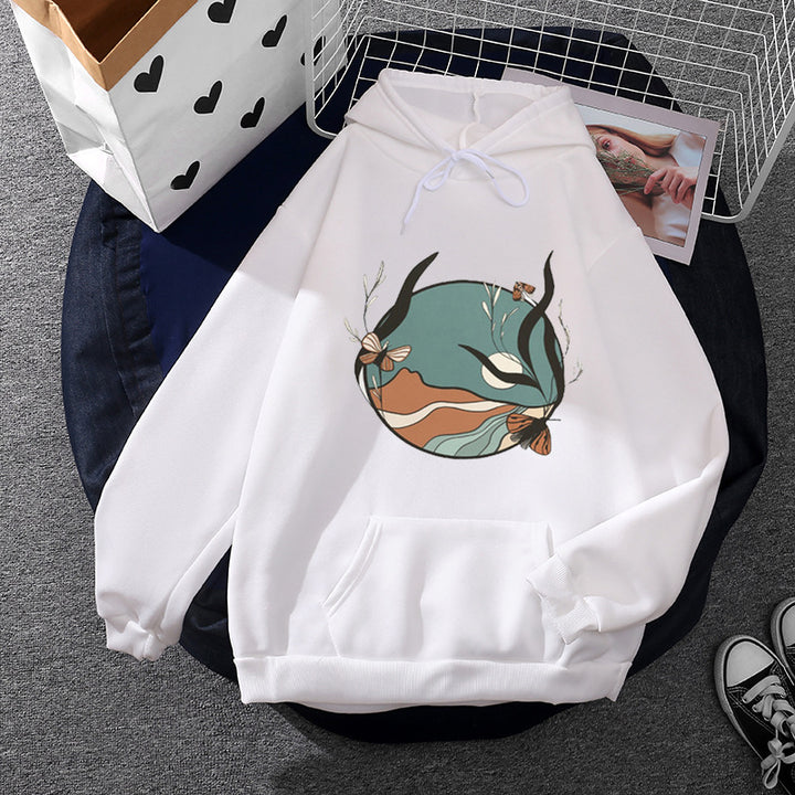 Damen nan lässiger Kapuzenpullover mit künstlerischem Mond‑und‑Pilzmotiv, weichem Fleecefutter und Kängurutasche Drune