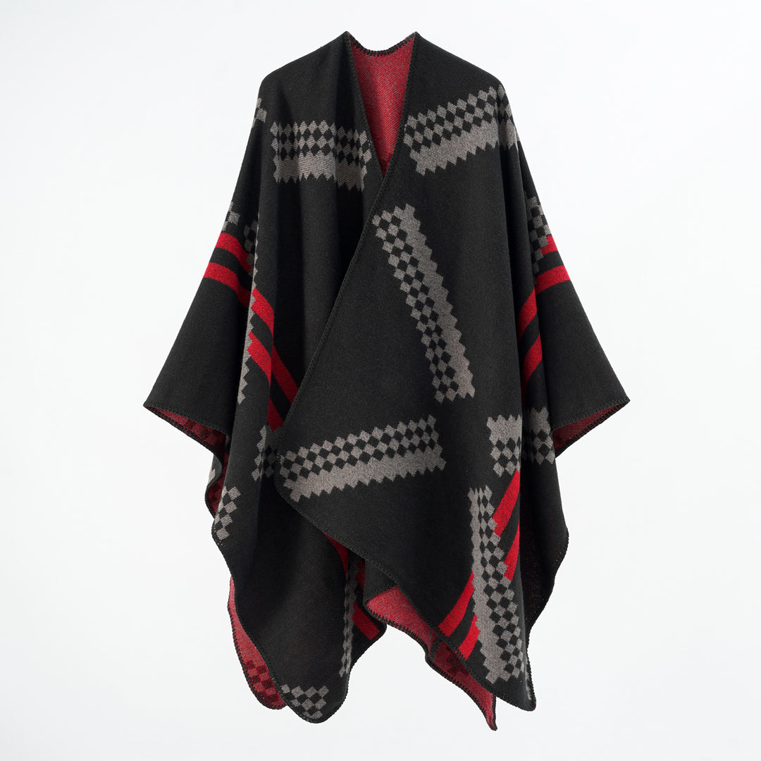 Damen Oversize-Umhangponcho aus Wollmix mit geometrischem Jacquard und Ziernaht Drune
