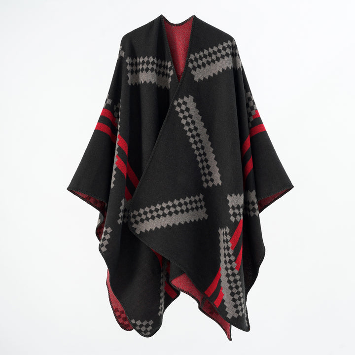 Damen Oversize-Umhangponcho aus Wollmix mit geometrischem Jacquard und Ziernaht Drune