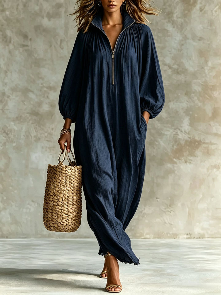 Damen Luftiger Maxi-Jumpsuit mit Ballonärmeln, halbhohem Reißverschluss und Eingrifftaschen Drune