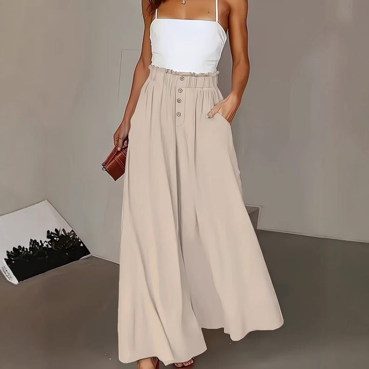 Damen weite Leinenhose mit hohem, gerafftem Bund und Knopfverzierung Drune
