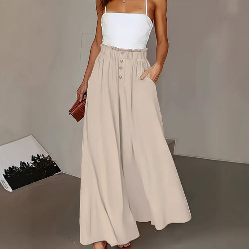 Damen weite Leinenhose mit hohem, gerafftem Bund und Knopfverzierung Drune