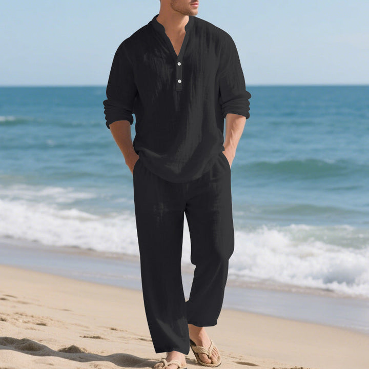 Herren komfortables Homewear-Set mit eleganter Knopfleiste und langen Hosen Drune