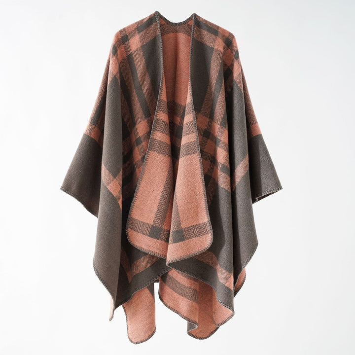 Damen Oversize-Webponcho im kastigen Kimono-Fall mit geometrischer Karo-Struktur Drune
