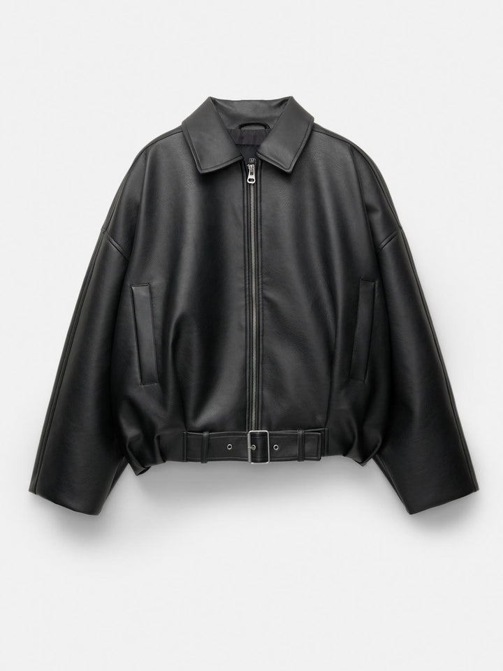 Damen Modische Kunstlederjacke mit auffälligem Kragen und Taillengürtel