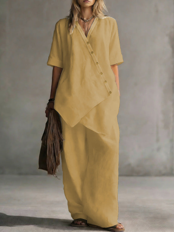 Damen Leinen-Zweiteiler mit asymmetrischer Knopfleiste und weiter Palazzo-Hose Drune