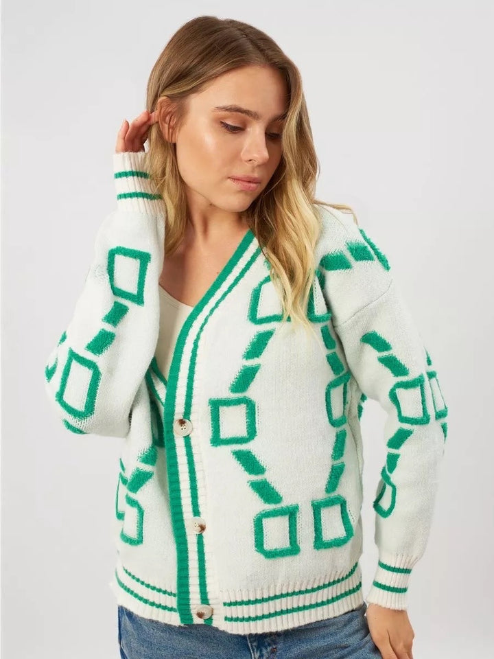 Damen Oversized Strickjacke mit großem geometrischen Muster und Knopfverschluss Drune