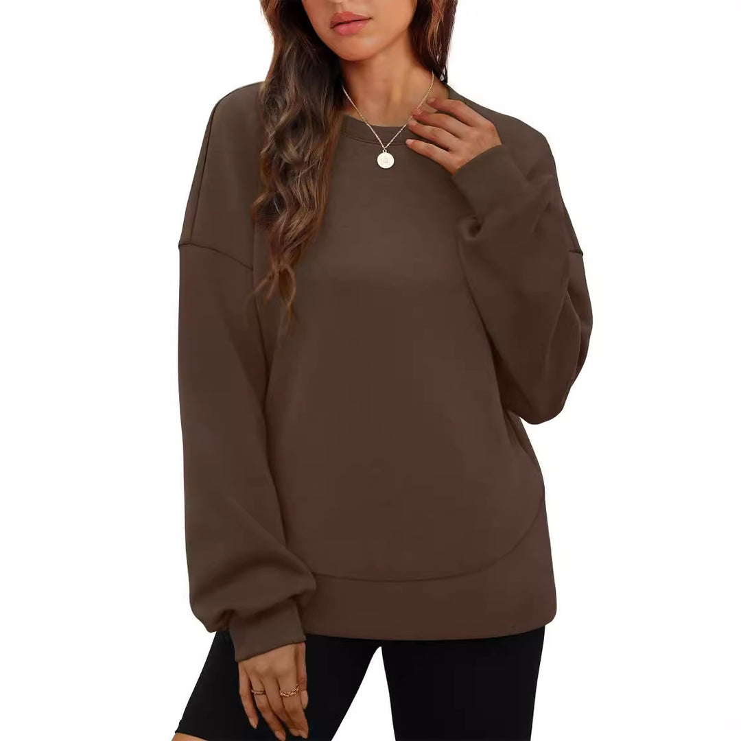 Damen nan lässiges Oversize Rundhals-Sweatshirt mit überschnittener Schulter gerundetem Saum und weichem Innenfutter Drune