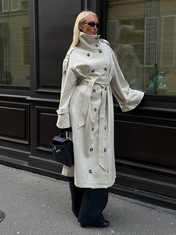 Damen eleganter Mantel mit hohem Kragen und taillierbarem Gürtel Drune