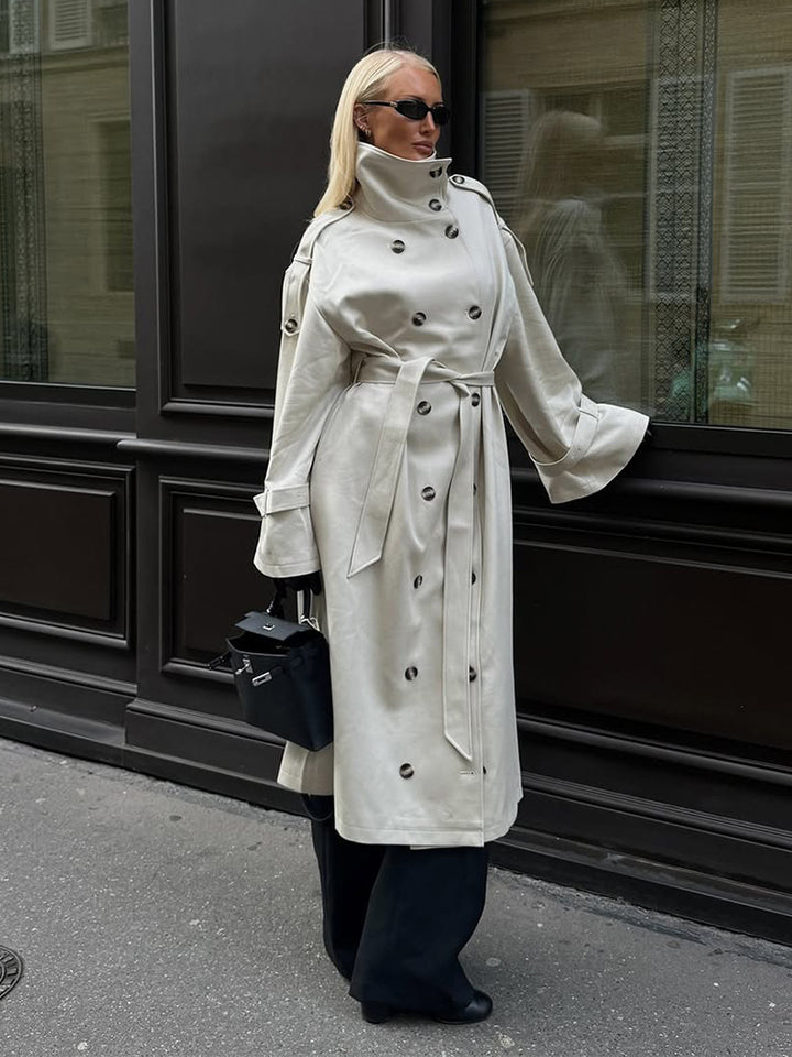 Damen eleganter Mantel mit hohem Kragen und taillierbarem Gürtel Drune