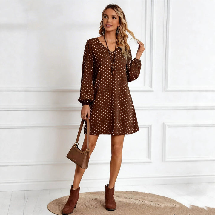 Damen Lockeres Tupfen‑Minikleid mit V‑Ausschnitt, Ballonärmeln und schwingender A‑Linie Drune