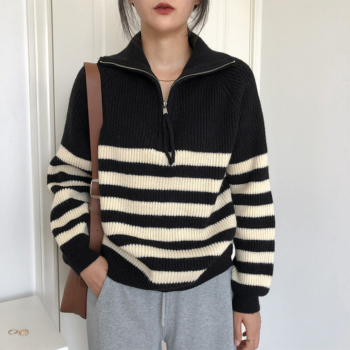 Damen gestreifter Pullover mit halblangem Reißverschluss und lässigem Schnitt Drune