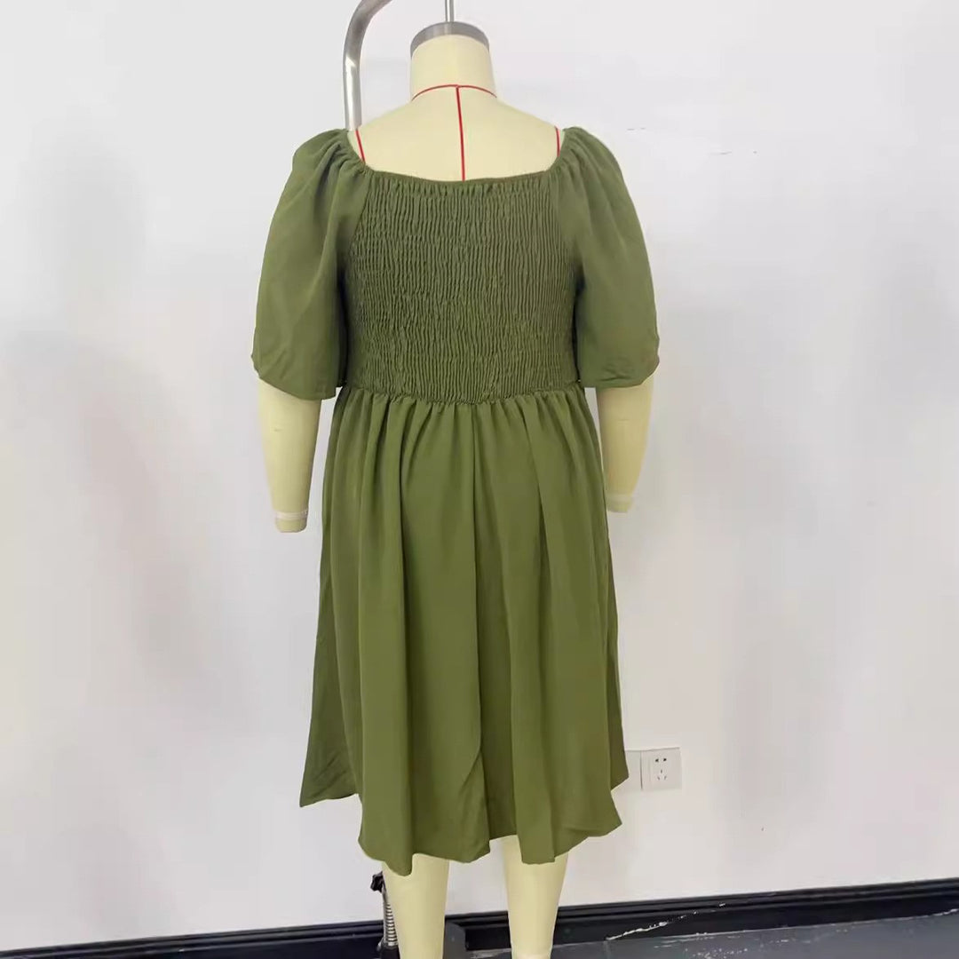 Damen A-Linien Midikleid mit Knoten-Detail, Puffärmeln und Knopfleiste Drune