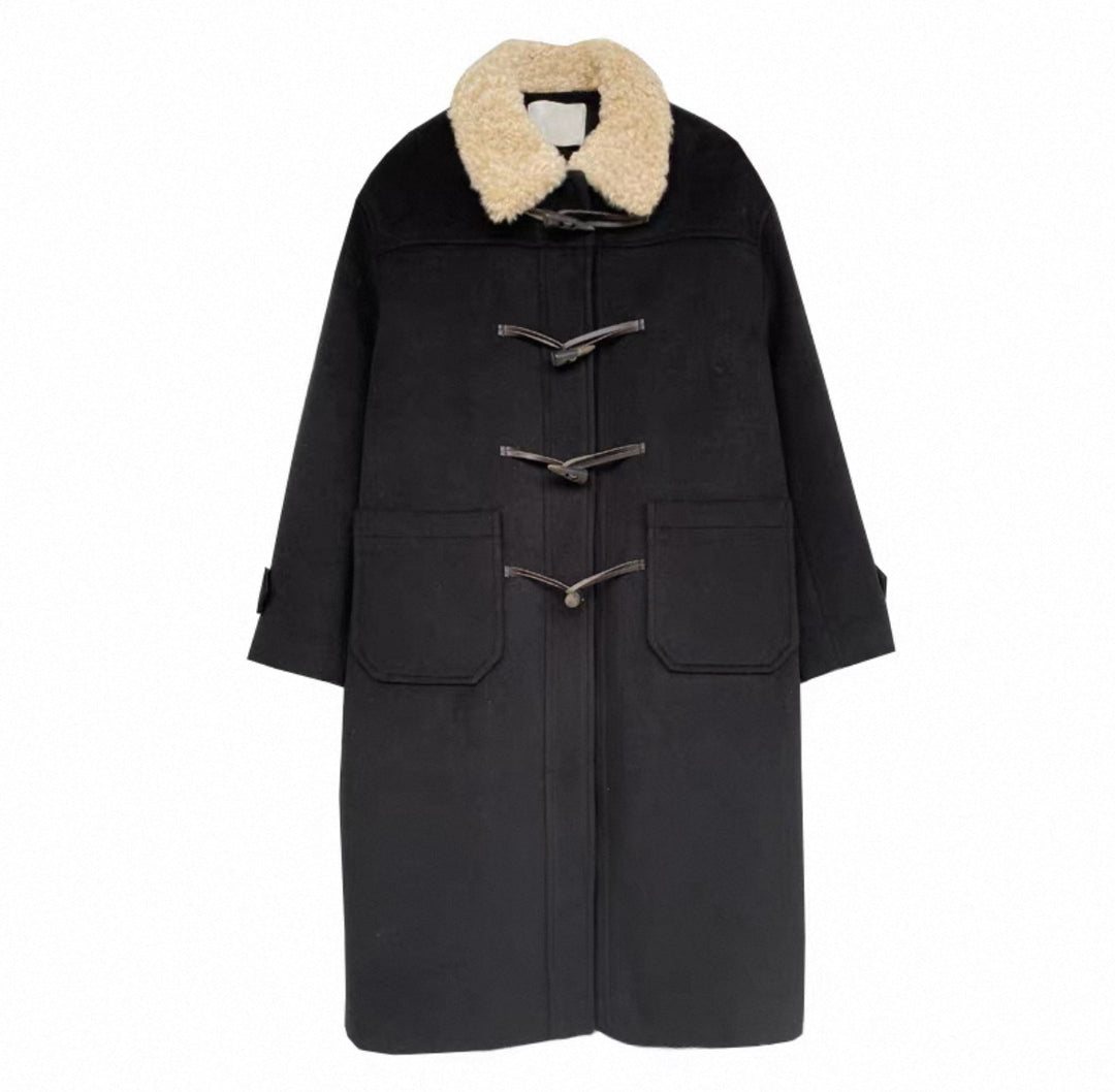 Damen Langer Duffle‑Mantel mit Teddykragen, Knebelverschlüssen und aufgesetzten Taschen Drune