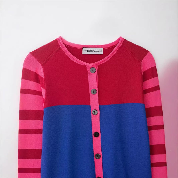 Damen Cropped Strickjacke mit Farbblock-Design und gestreiften Ärmeln Drune