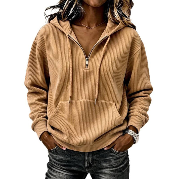 Damen lässiger Oversize Rippstrick-Kapuzenpullover mit halbem Reißverschluss Drune