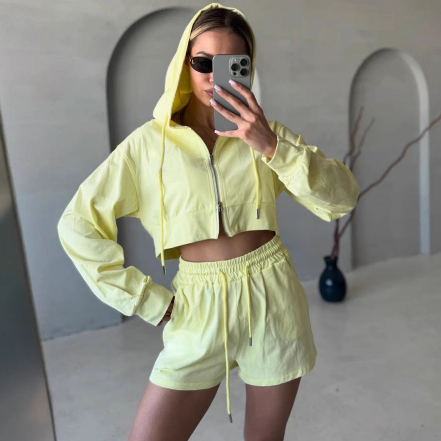Damen Freizeit-Crop-Set mit Hoodie und Shorts Drune