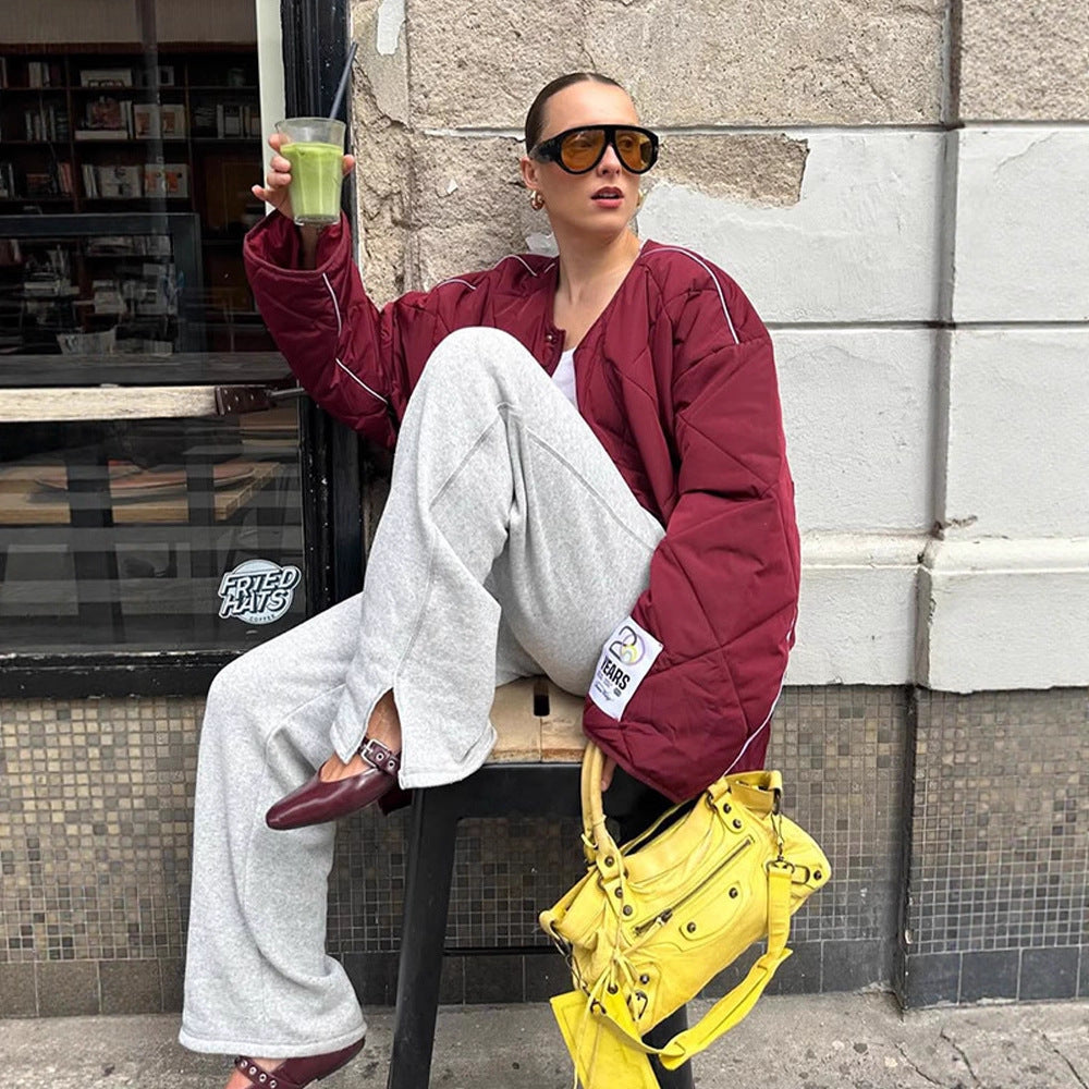 Damen Oversize-Steppjacke mit Diamantstepp, kontrastierender Paspel und Druckknopfverschluss Drune