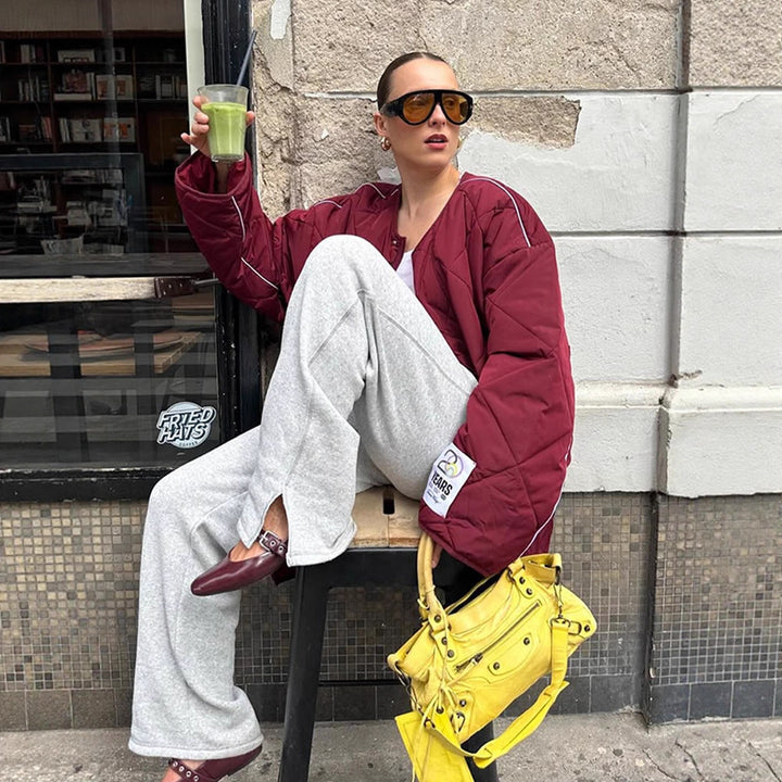 Damen Oversize-Steppjacke mit Diamantstepp, kontrastierender Paspel und Druckknopfverschluss Drune