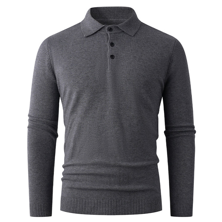 Herren Feiner Langarm-Polokragen-Pullover mit Dreiknopfleiste und schmaler Silhouette Drune