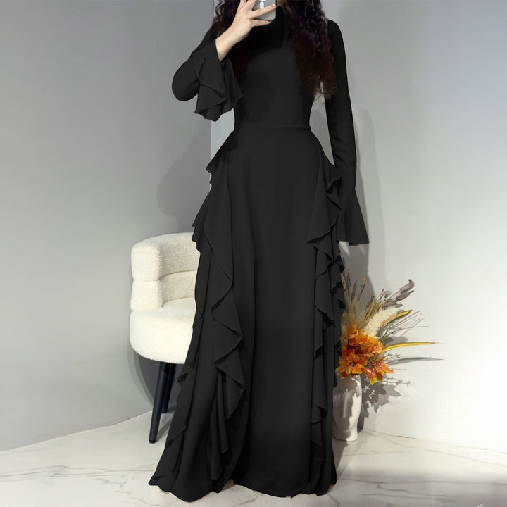 Damen nan Maxikleid mit Volantbesatz, taillierter Empire‑Silhouette und langen Glockenärmeln Drune