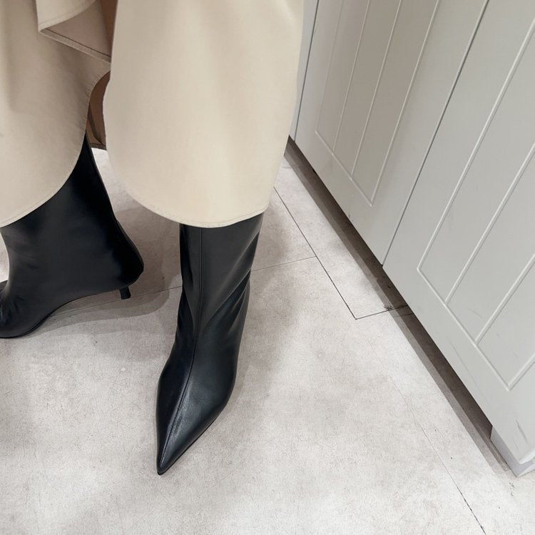 Damen Wadenhohe schlanke Stiefeletten mit spitzer Zehenpartie und niedrigem Kitten‑Absatz Drune