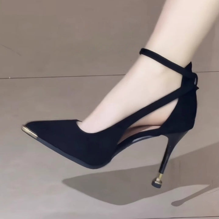 Damen elegante spitze Pumps mit Knöchelriemen Cut-Out-Seiten und zierlichem Kitten-Heel Drune