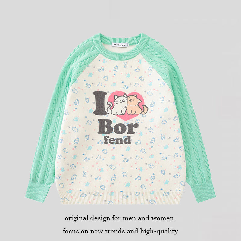 Damen Strickpullover mit Raglanärmeln, Zopfmuster-Ärmeln und Cartoon-Katzenfrontprint Drune